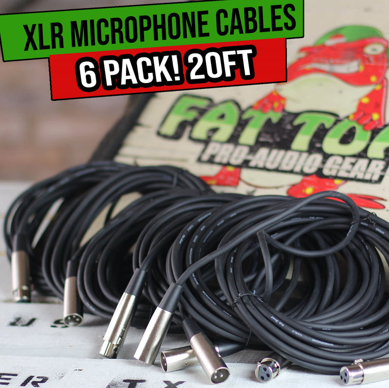 XLR Microphone Cables (6 Pack) by FAT TOAD | 20ft Pro Audio Mic Cord Patch Extension with Lo-Z Connector | 24 AWG Shielded Wire & Balanced for Recording Studio Mixer, Speakers or Live Sound Stage Gear