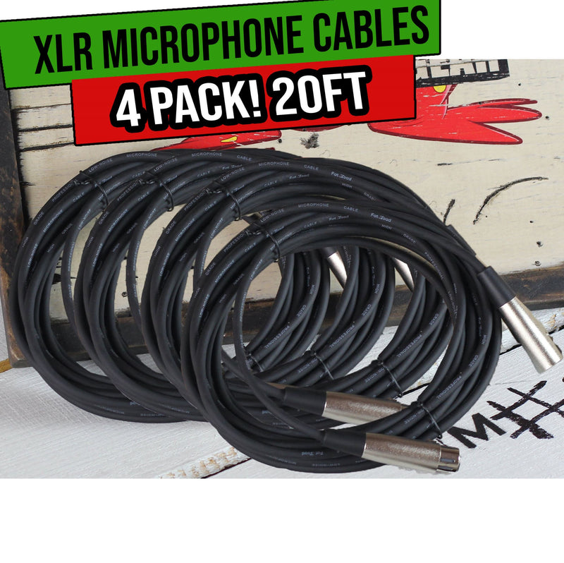 Microphone Cables by FAT TOAD | (4 Pack) 20ft Pro Audio XLR Mic Cord Patch Extension with Female & Male Connector | 24 AWG Shielded Wire & Balanced for Recording Studio Mixer | Live Sound Stage Gear