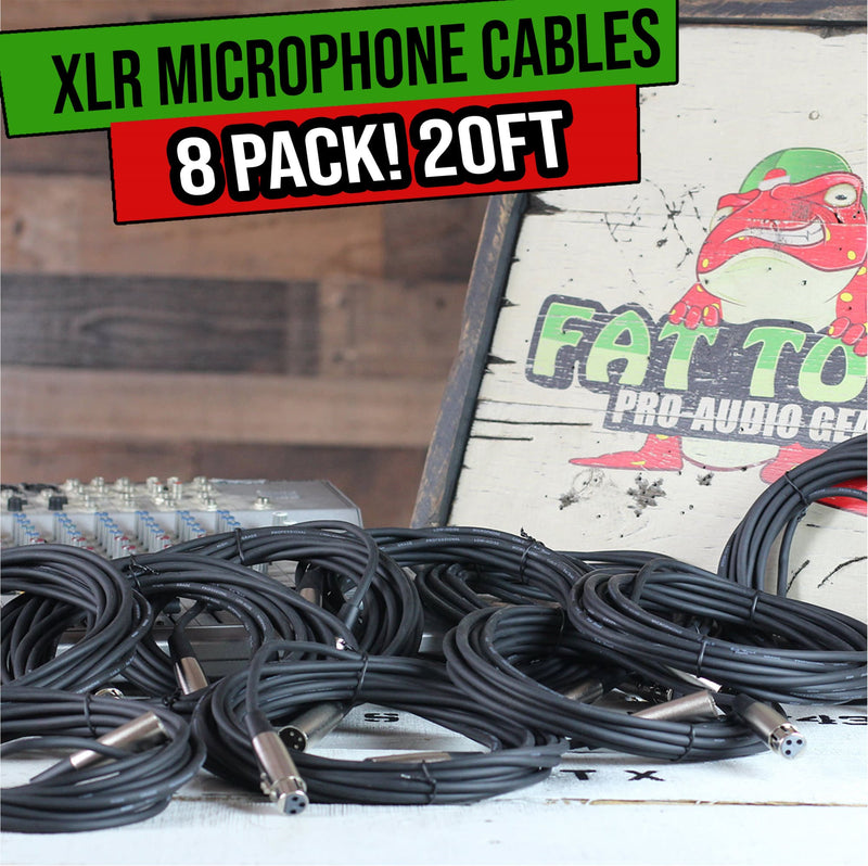 Microphone Cables by FAT TOAD | (8 Pack) 20ft Professional Pro Audio XLR Mic Cord Patch with Female & Male Connector | 24GA Shielded Wire & Balanced for Recording Studio Mixer | Speaker DJ Stage Gear