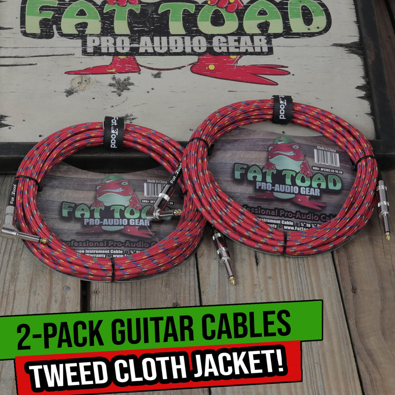 Guitar Cables (2 Pack) Right Angle to Straight-End Instrument Cord Tweed Cloth Jacket by FAT TOAD | Braided Woven 20 FT 1/4 Inch Gold Jack TS for Electric Guitar Pedal, Bass, Audio Speaker, Amplifier
