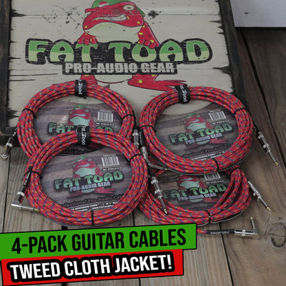 Guitar Cords (4 Pack) Right Angle to Straight-End Instrument Cable Tweed Cloth Jacket by FAT TOAD | Braided Woven 20FT 1/4 Inch Jack TS for Electric Guitar, Bass, AMP | Shielded 24 AWG Patch Conductor