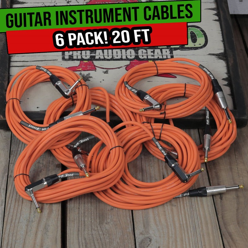 Guitar Cables (6 Pack) Right Angled Instrument Cord by FAT TOAD | 20FT 1/4 Quarter Inch Straight-End 20 GA Wires for Electric Guitar Pedal, Bass, Keyboards, Speaker Amplifier & Audio Studio Recording