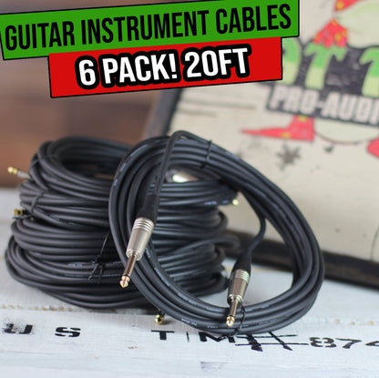 Guitar Cords (6 Pack) Instrument Cable by FAT TOAD | 20FT Wires 1/4 Inch Gold Straight-End for Electric, Acoustic, Bass, Keyboards, Speakers, Sound AMP & Music Recording Studio | Shielded 24 AWG Patch