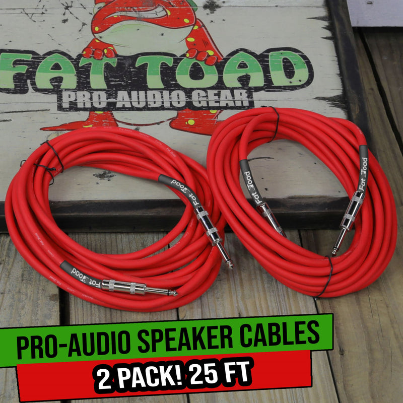 1/4" to 1/4 Male Jack Speaker Cables (2 Pack) by FAT TOAD | 25ft Professional Pro Audio Red DJ Speakers PA Patch Cords | Quarter Inch 12 AWG Gauge Wire for Amp, Music Studio Recording & Stage Gear
