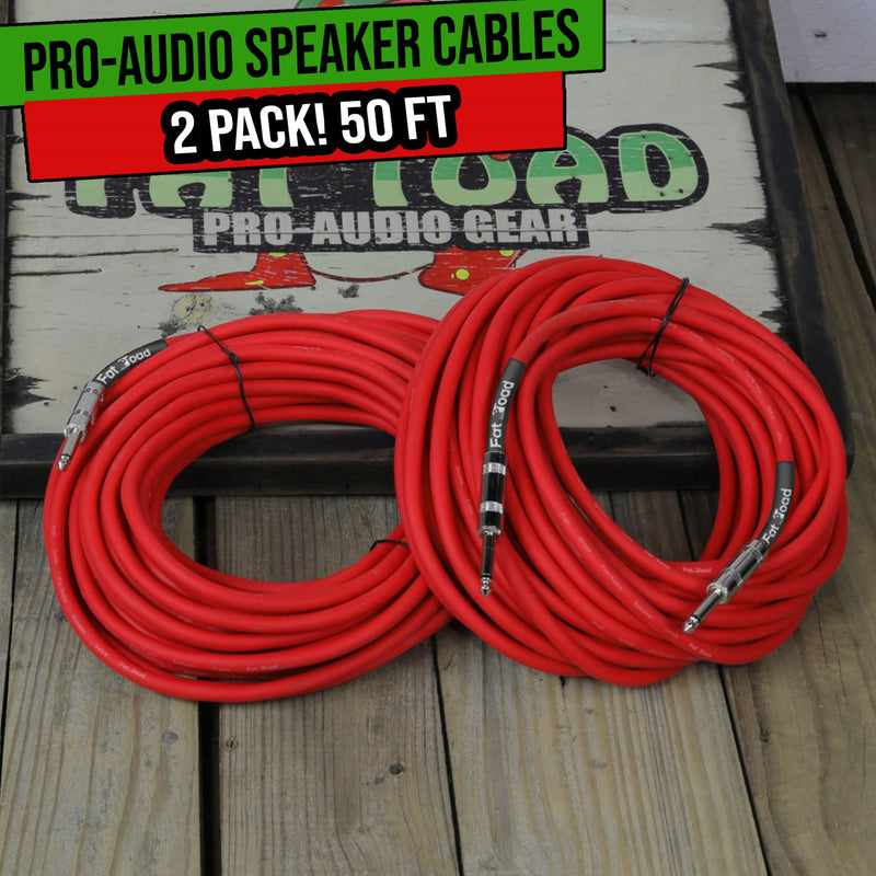 1/4" to 1/4 Male Jack Speaker Cables (2 Pack) by FAT TOAD | 50ft Professional Pro Audio Red DJ Speakers PA Patch Cords | Quarter Inch 12 AWG Gauge Wire for Amp, Music Studio Recording & Stage Gear