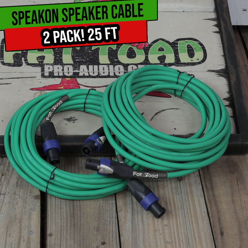 Speakon to Speakon Cables (2 Pack) by FAT TOAD | 25ft Professional DJ Pro Audio Green Speaker PA Cord with Twist Lock Connector | 12 AWG Wire for Impeccable Studio Recording & Stage Performance Gear