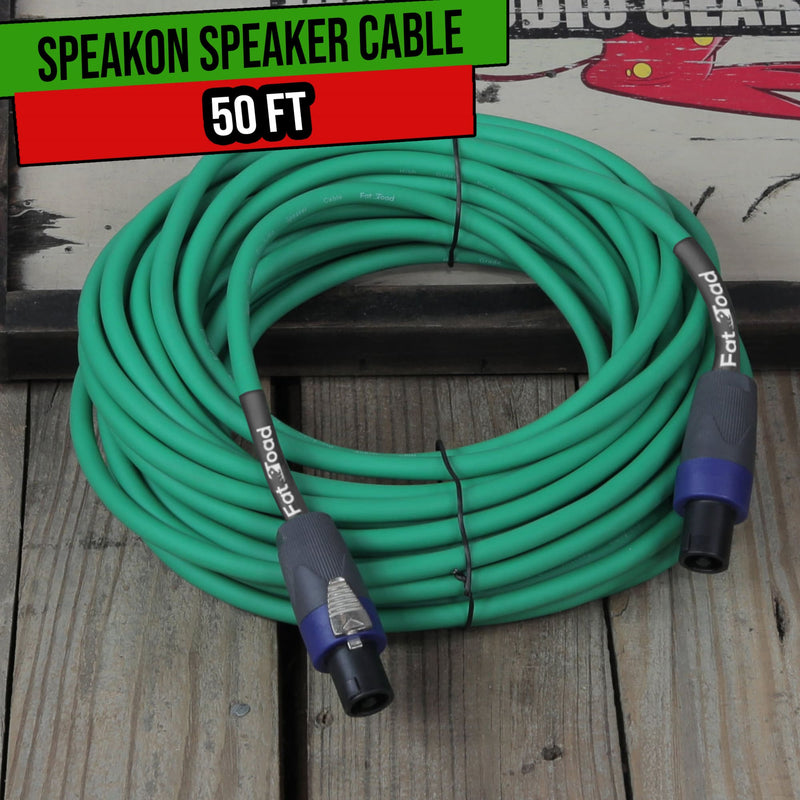 Speakon to Speakon Cable by FAT TOAD | 50ft Professional 12GA Pro Audio Green Speaker PA Cord with Twist Lock Connector | 12 AWG Wire for Impeccable Music Studio Recording & DJ Stage Performance Gear