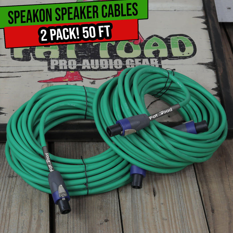 Speakon to Speakon Cables (2 Pack) by FAT TOAD | 50ft Professional Pro Audio Green Speaker PA Cord with Twist Lock Connector | 12 AWG Wire for Impeccable Studio Recording & DJ Stage Performance Gear