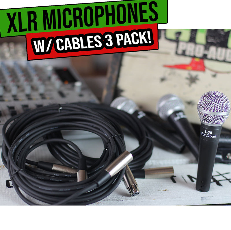 Dynamic Vocal Microphones with XLR Mic Cables & Clips (3 Pack) by FAT TOAD | Cardioid Handheld, Unidirectional for Home Music Studio Recording, Live Stage Singing, DJ Karaoke | Pro Audio 20ft Mic Cord