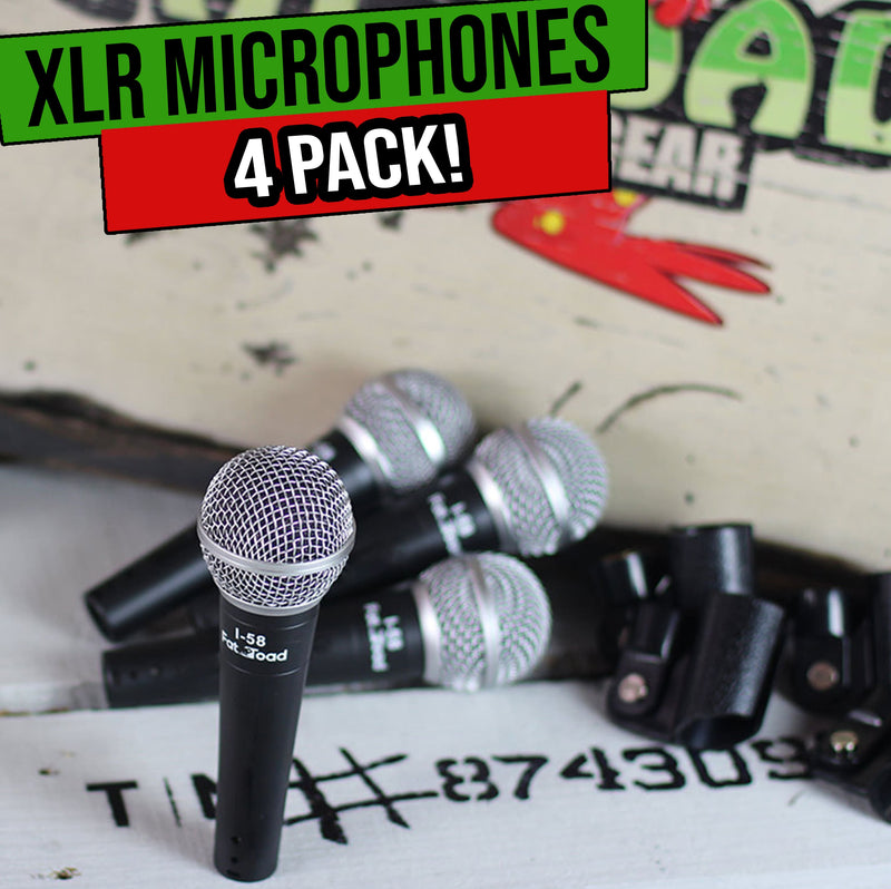 Cardioid Microphones with Clips (4 Pack) by FAT TOAD | Vocal Handheld, Wired Unidirectional Mic | Singing Microphone Designed for Music Stage Performances & Streaming Studio Recording or PA DJ Karaoke