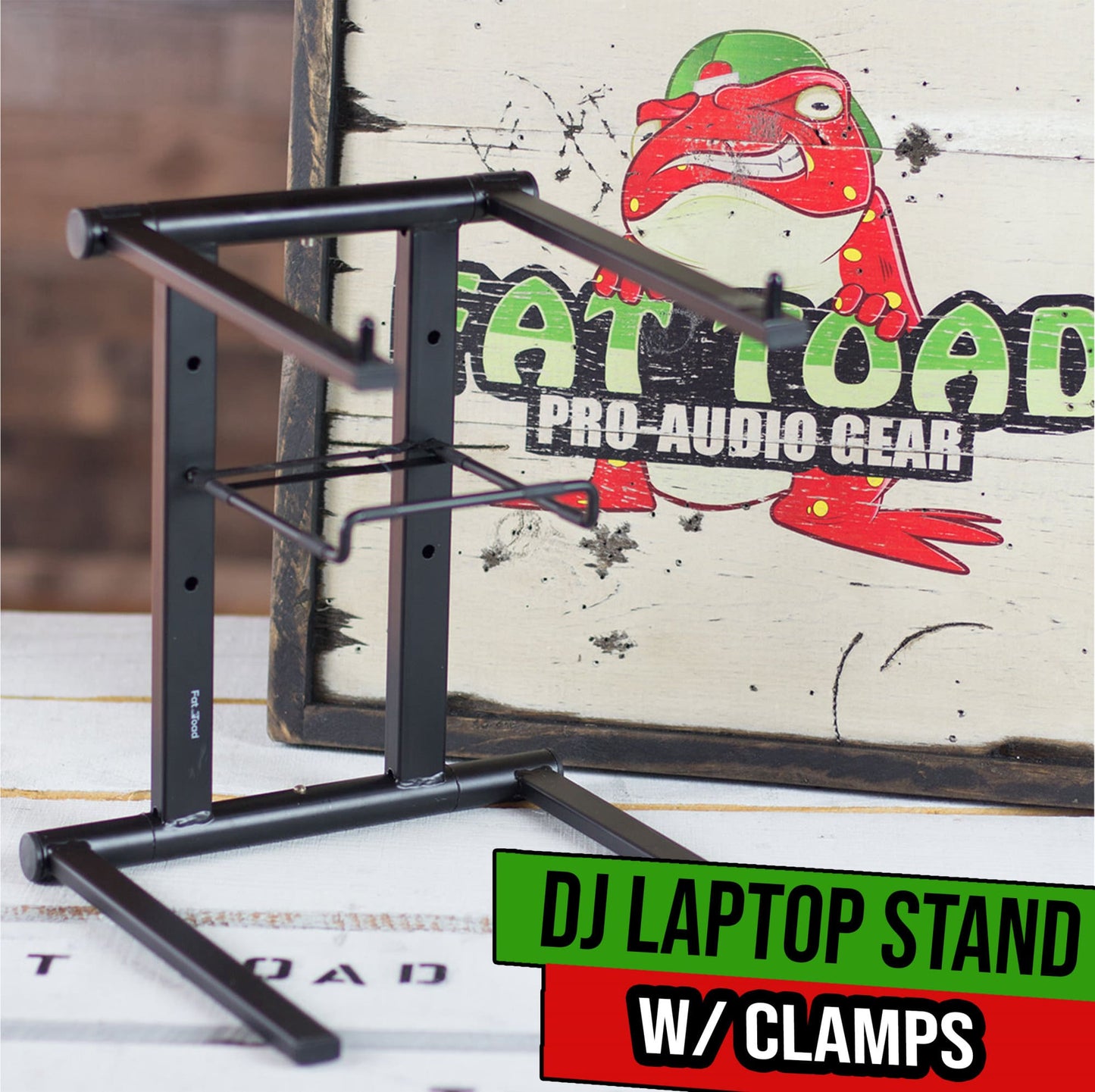 Folding DJ Laptop Stand with Sub-tray Shelf by FAT TOAD | Pro Audio Computer Table Top Rack Stand Mount for iPads, Mixer Controller & Tablets | Portable PC Gear Clamp Holder | Stage Booth, Home Office