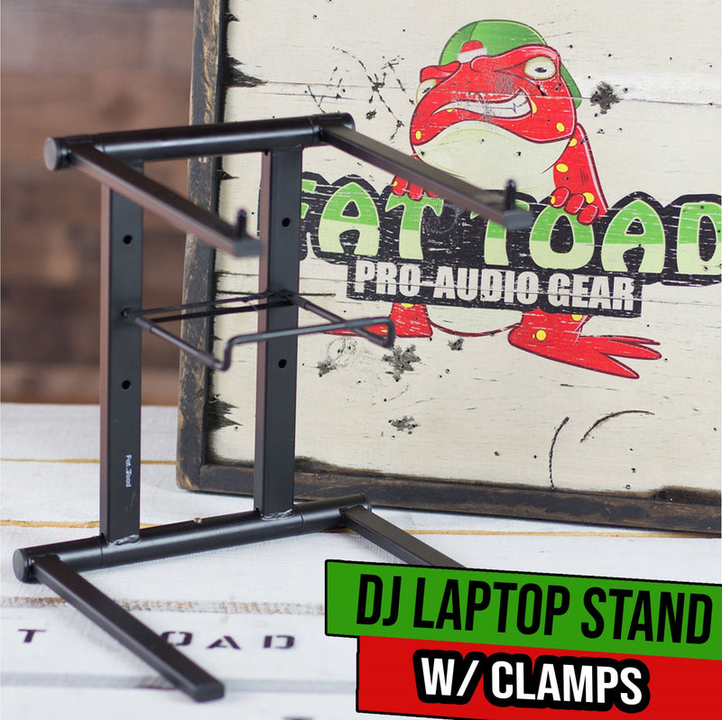Folding DJ Laptop Stand with Sub-tray Shelf by FAT TOAD | Pro Audio Computer Table Top Rack Stand Mount for iPads, Mixer Controller & Tablets | Portable PC Gear Clamp Holder | Stage Booth, Home Office