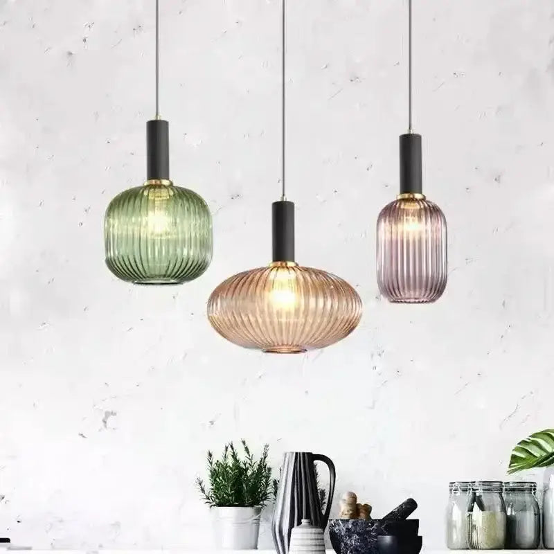 Ribbed amber glass pendant lights dining room led hanging lighting