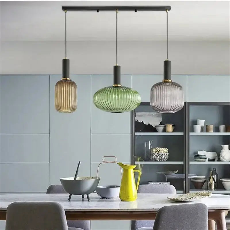 Ribbed amber glass pendant lights dining room led hanging lighting