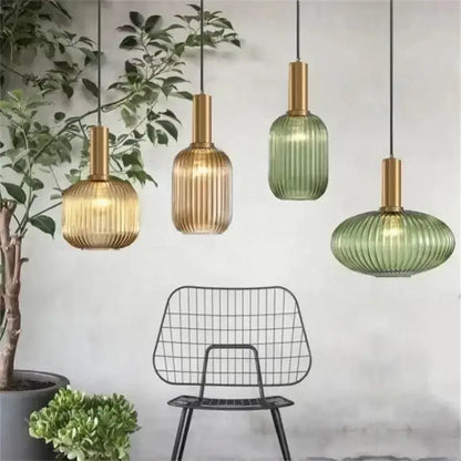 Ribbed amber glass pendant lights dining room led hanging lighting