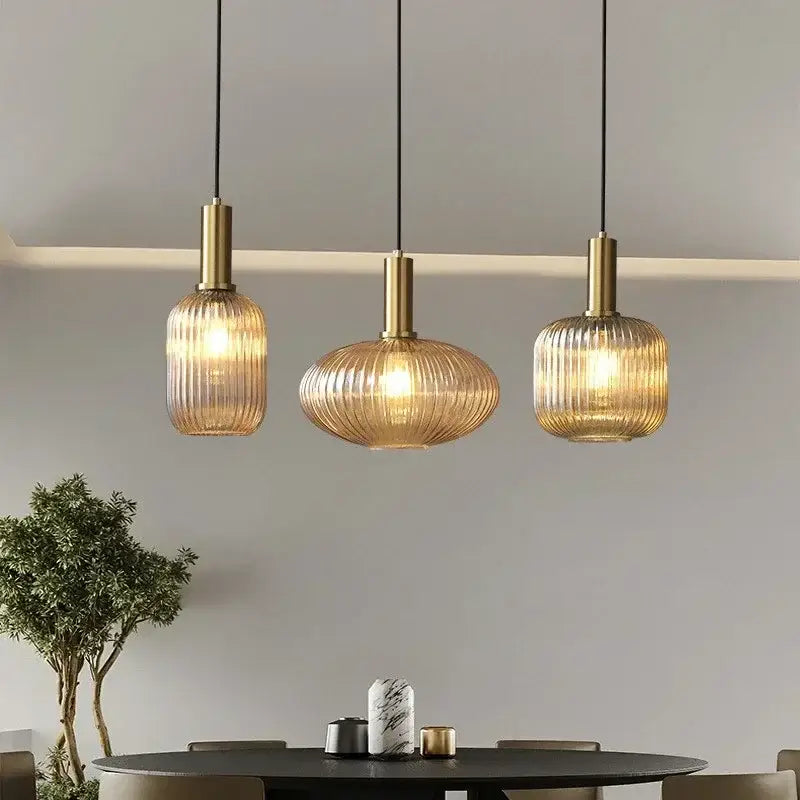 Ribbed amber glass pendant lights dining room led hanging lighting