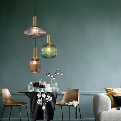 Ribbed amber glass pendant lights dining room led hanging lighting