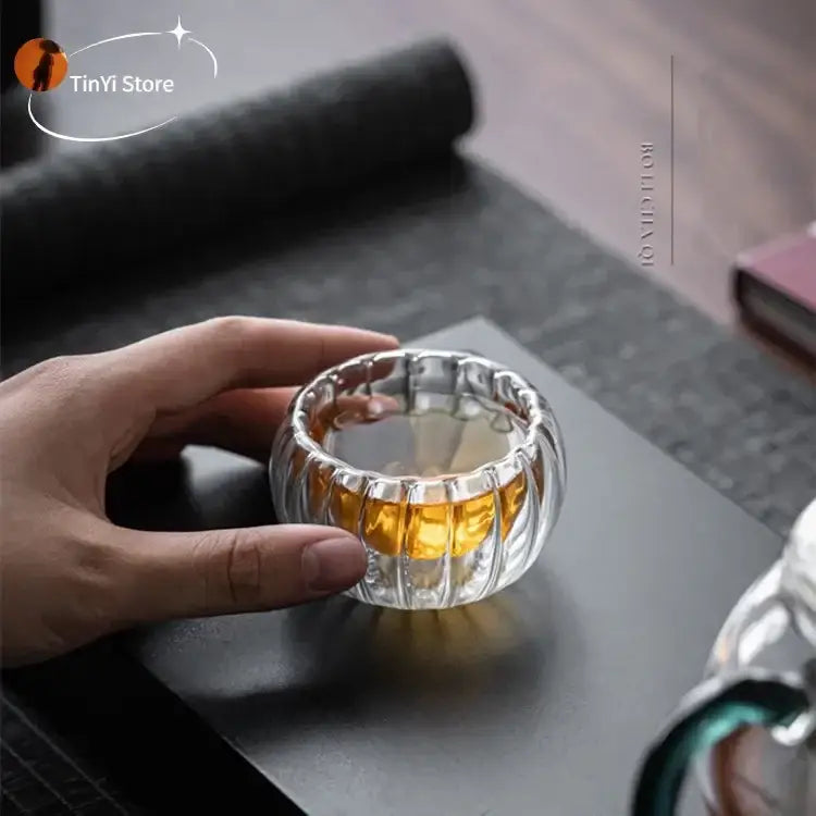 Ribbed clear double wall glass teacup set dining room glassware