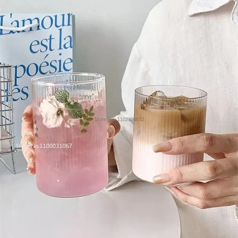 Ribbed clear glass coffee cup kitchen tumbler set