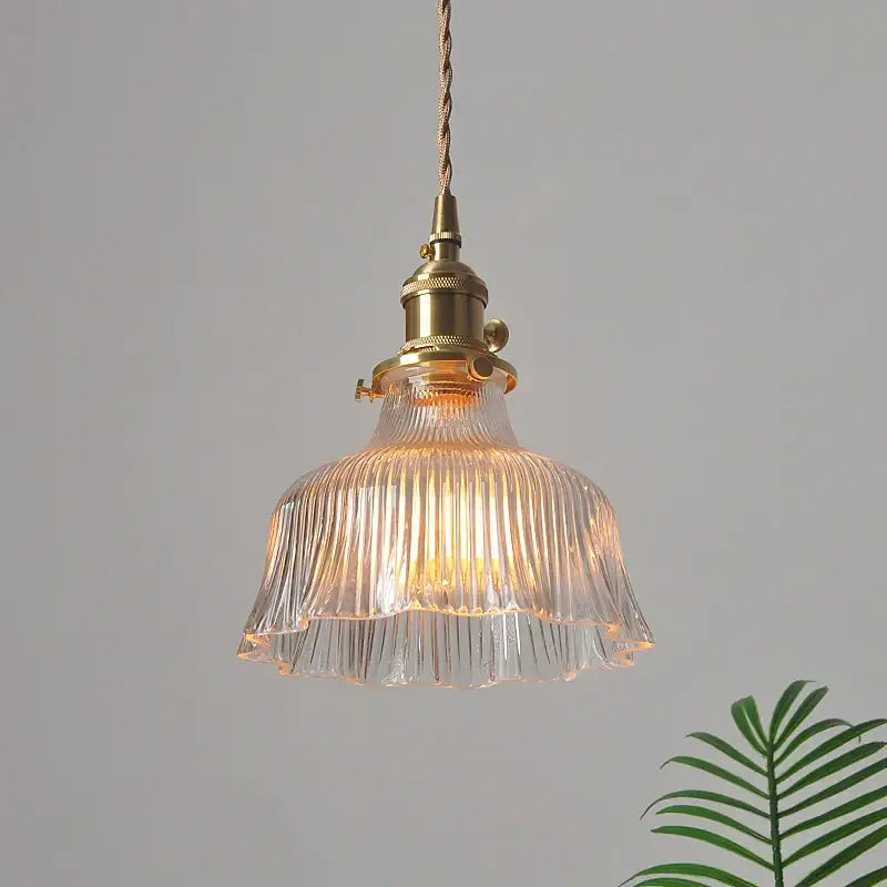 Ribbed clear glass led pendant light brass dining room knob switch