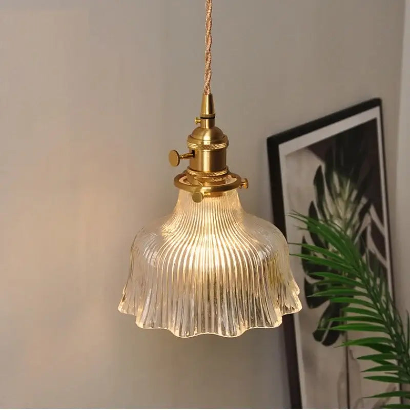 Ribbed clear glass led pendant light brass dining room knob switch