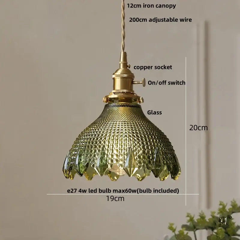 Ribbed clear glass led pendant light brass dining room knob switch