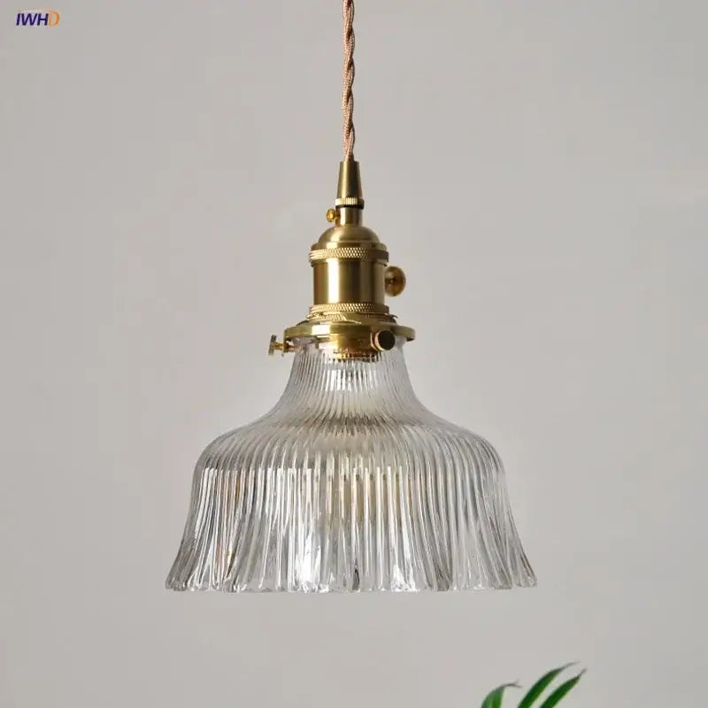 Ribbed clear glass led pendant light brass dining room knob switch