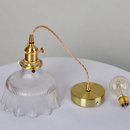 Ribbed clear glass led pendant light brass dining room knob switch