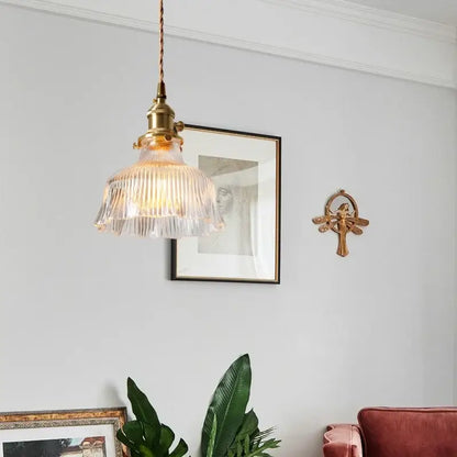 Ribbed clear glass led pendant light brass dining room knob switch