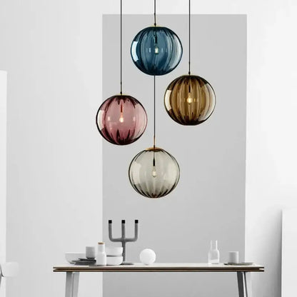 Ribbed colorful glass ball pendant light set for living room