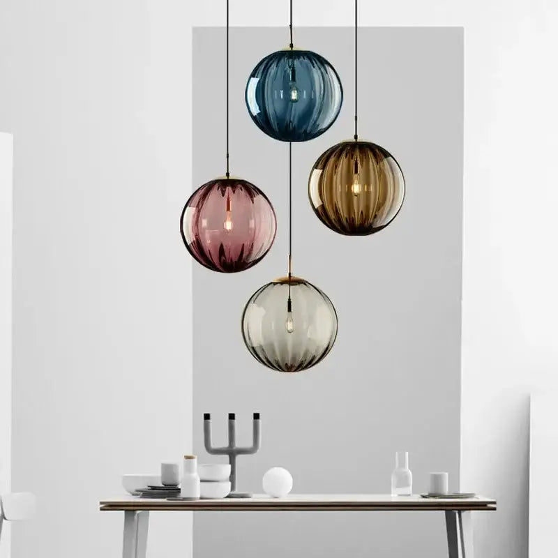 Ribbed colorful glass ball pendant light set for living room
