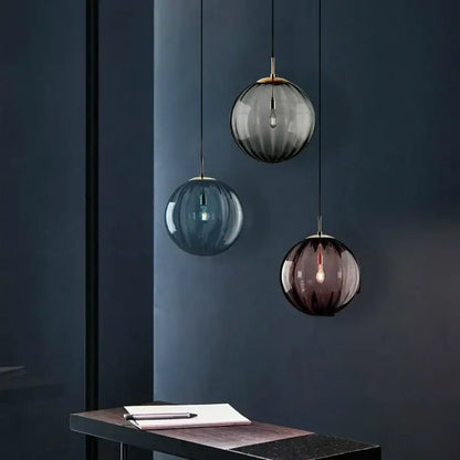 Ribbed colorful glass ball pendant light set for living room