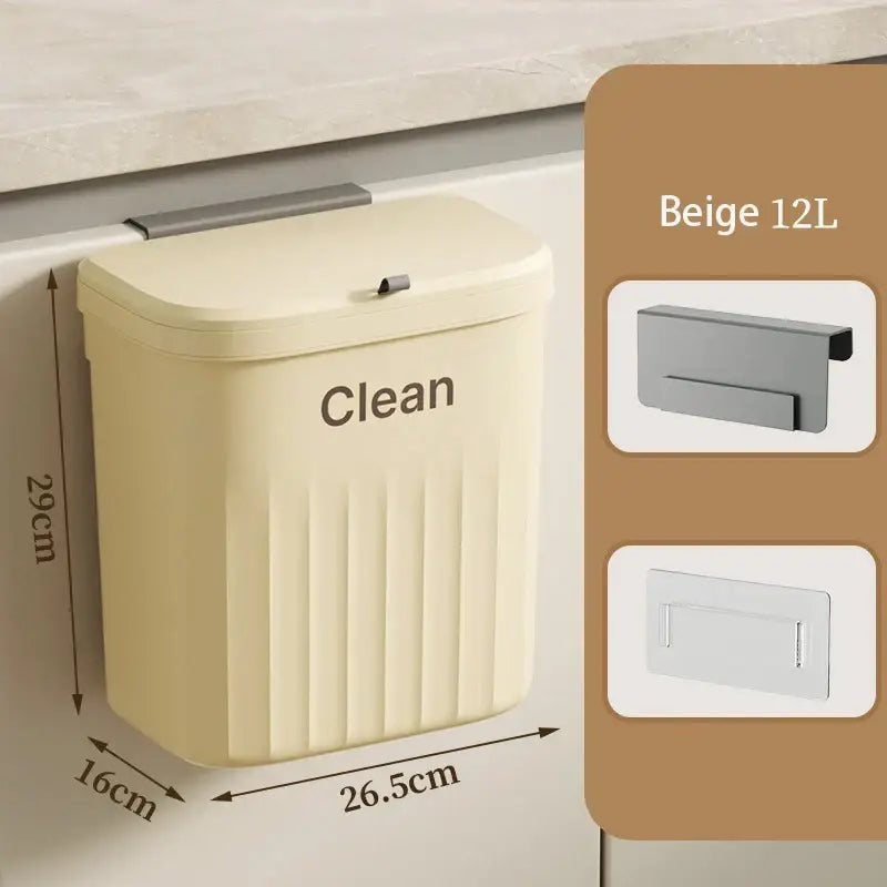 Ribbed cream and gray kitchen cabinet hanging trash