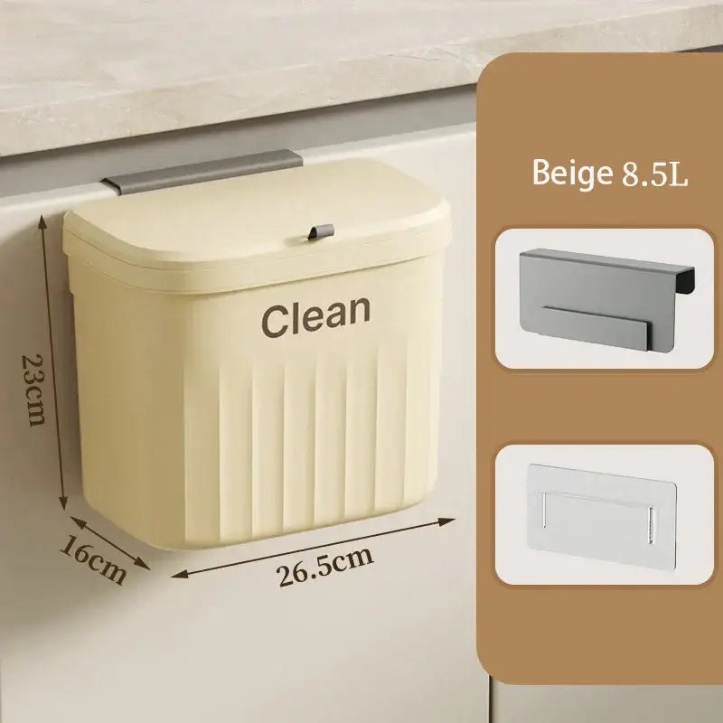 Ribbed cream and gray kitchen cabinet hanging trash