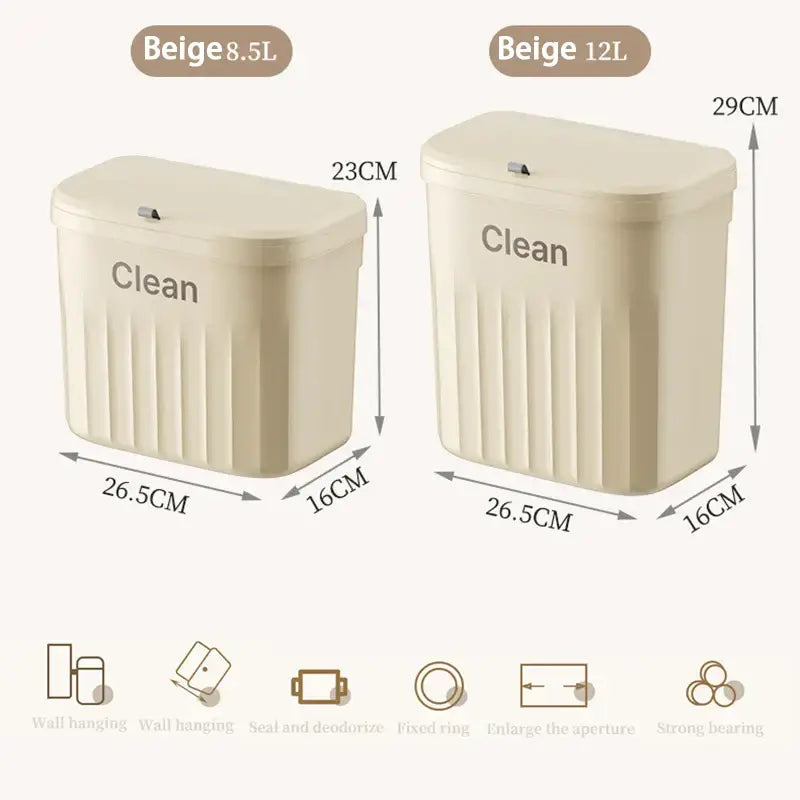 Ribbed cream and gray kitchen cabinet hanging trash