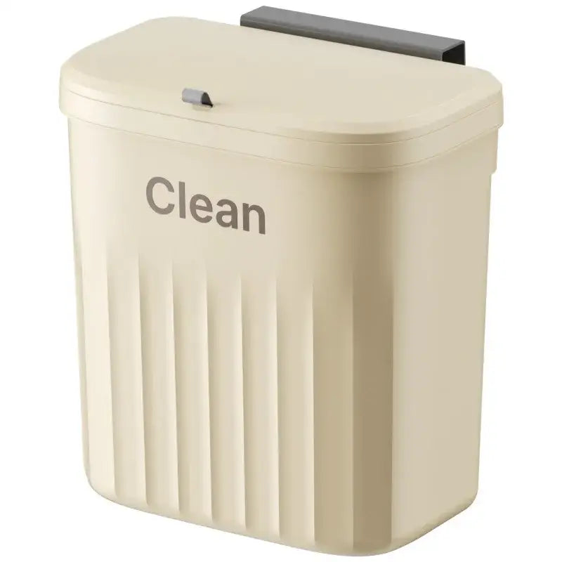 Ribbed cream and gray kitchen cabinet hanging trash