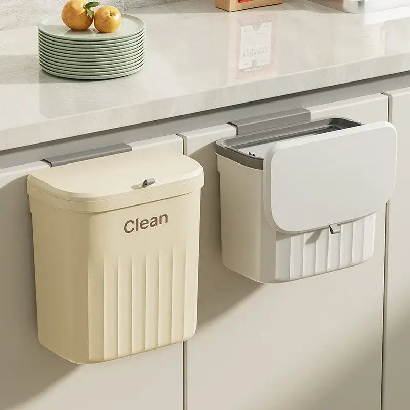 Ribbed cream and gray kitchen cabinet hanging trash
