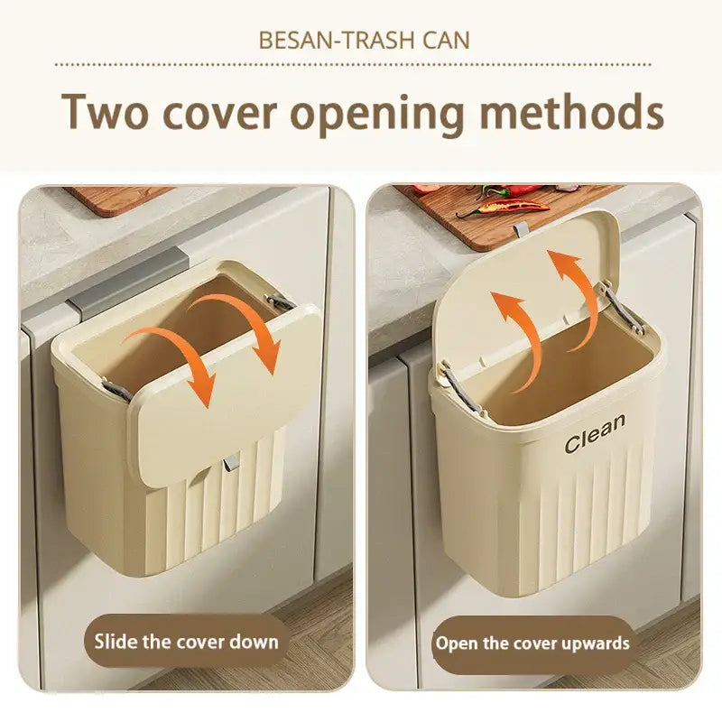 Ribbed cream and gray kitchen cabinet hanging trash