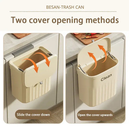 Ribbed cream and gray kitchen cabinet hanging trash