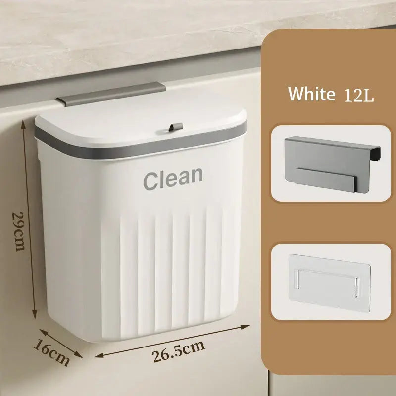 Ribbed cream and gray kitchen cabinet hanging trash
