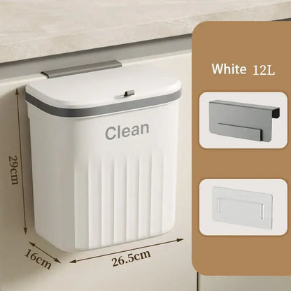 Ribbed cream and gray kitchen cabinet hanging trash