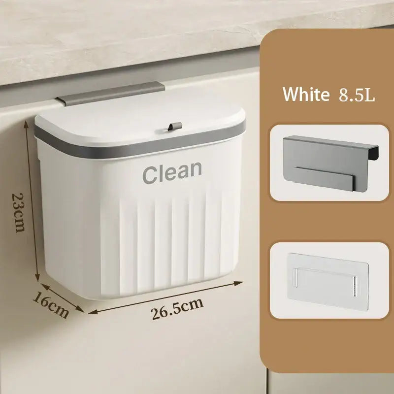 Ribbed cream and gray kitchen cabinet hanging trash