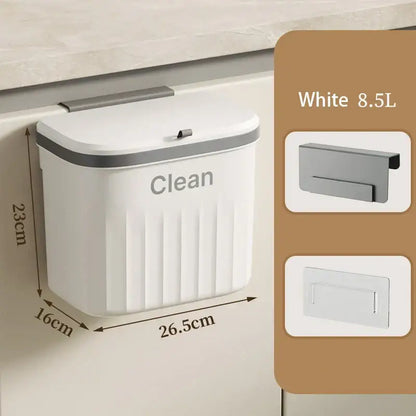 Ribbed cream and gray kitchen cabinet hanging trash
