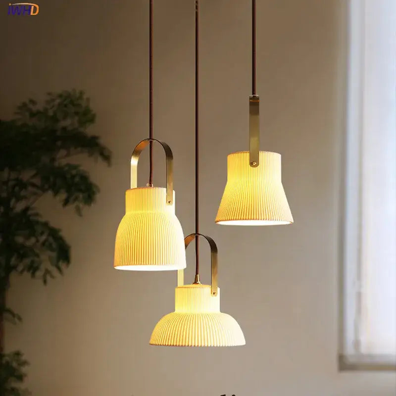 Ribbed cream ceramic led pendant light kitchen hanging lamp