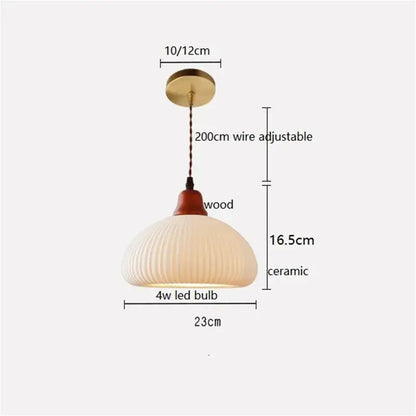 Ribbed cream glass pendant light with wood top for dining room