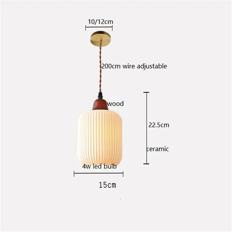 Ribbed cream glass pendant light with wood top for dining room