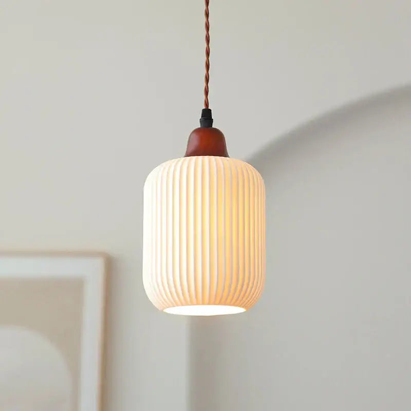 Ribbed cream glass pendant light with wood top for dining room