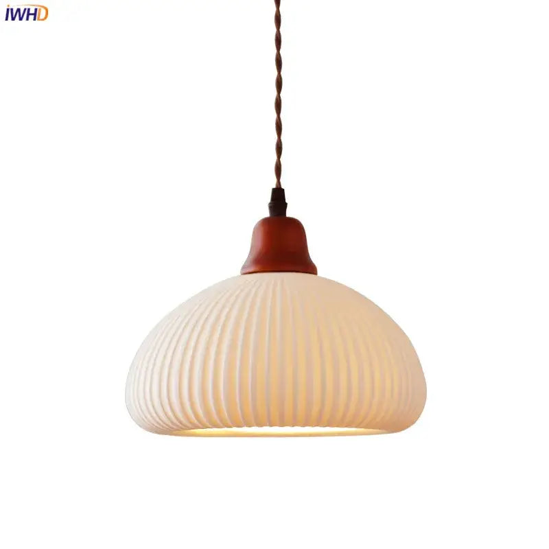 Ribbed cream glass pendant light with wood top for dining room