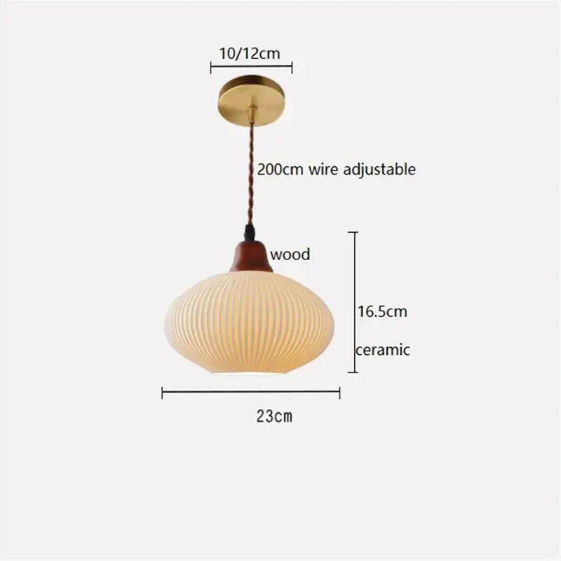 Ribbed cream glass pendant light with wood top for dining room