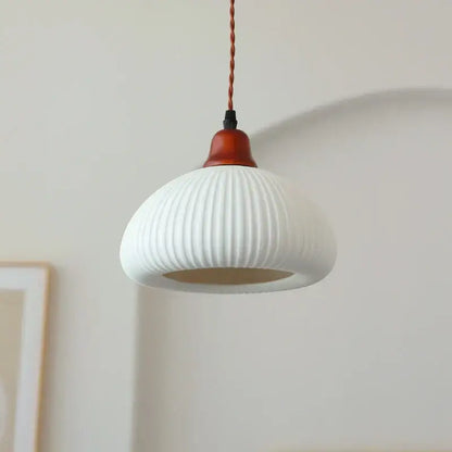 Ribbed cream glass pendant light with wood top for dining room
